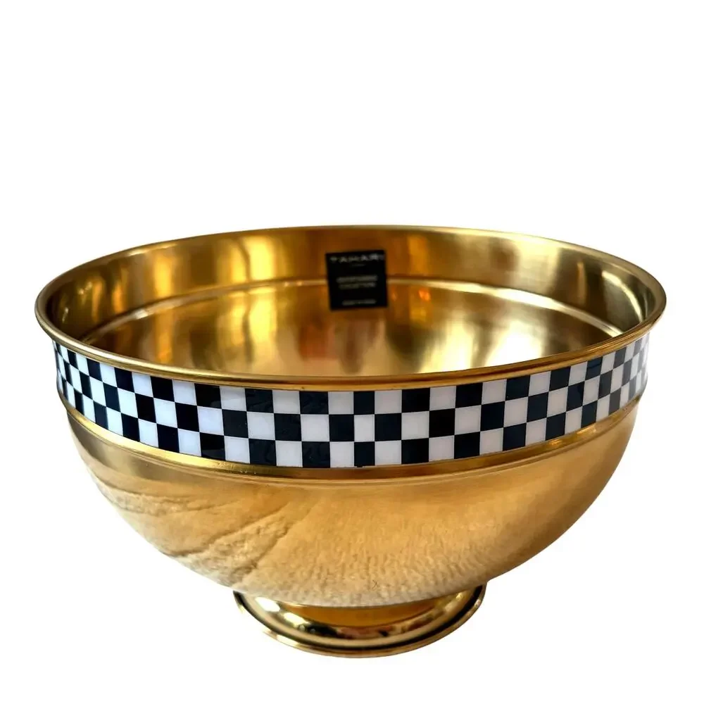 Tahari Home Gold Pedestal Bowl w/ Black White Checkered Band 10.5in NEW